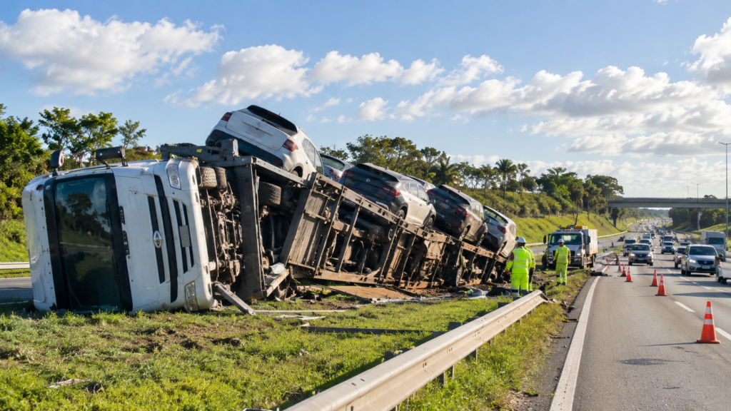 Carreta com 11 veículos tomba na BR-101 e prejuízo da carga pode superar R$ 1,5 milhão